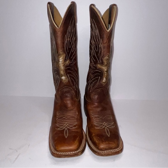 Larry Mahan Brown Leather Square Toe Cross Hair Western Cowboy Boots Size 6B - Picture 13 of 14
